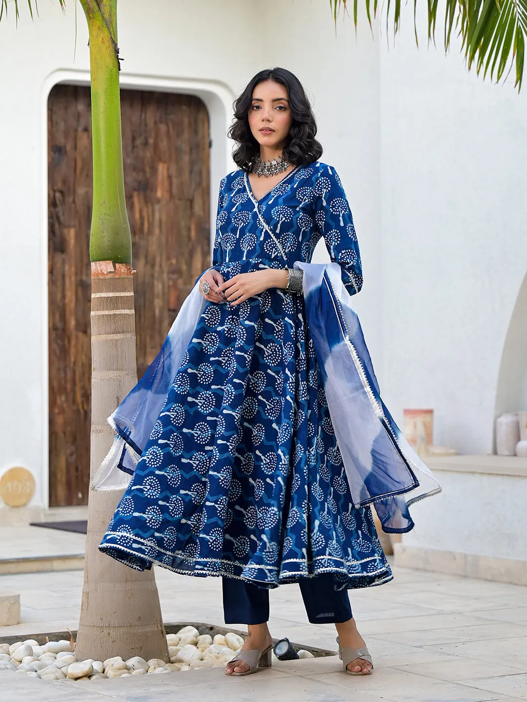 Jashvi Indigo Blue HandBlock Print Cotton Anarkali Kurta Set with Organza Dupatta