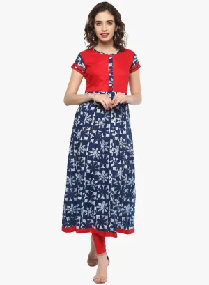 Jashvi Indigo Blue Printed Cotton Anarkali