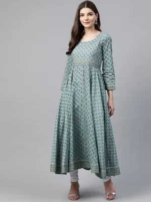 Jashvi Indigo Blue Printed High Low Kurta