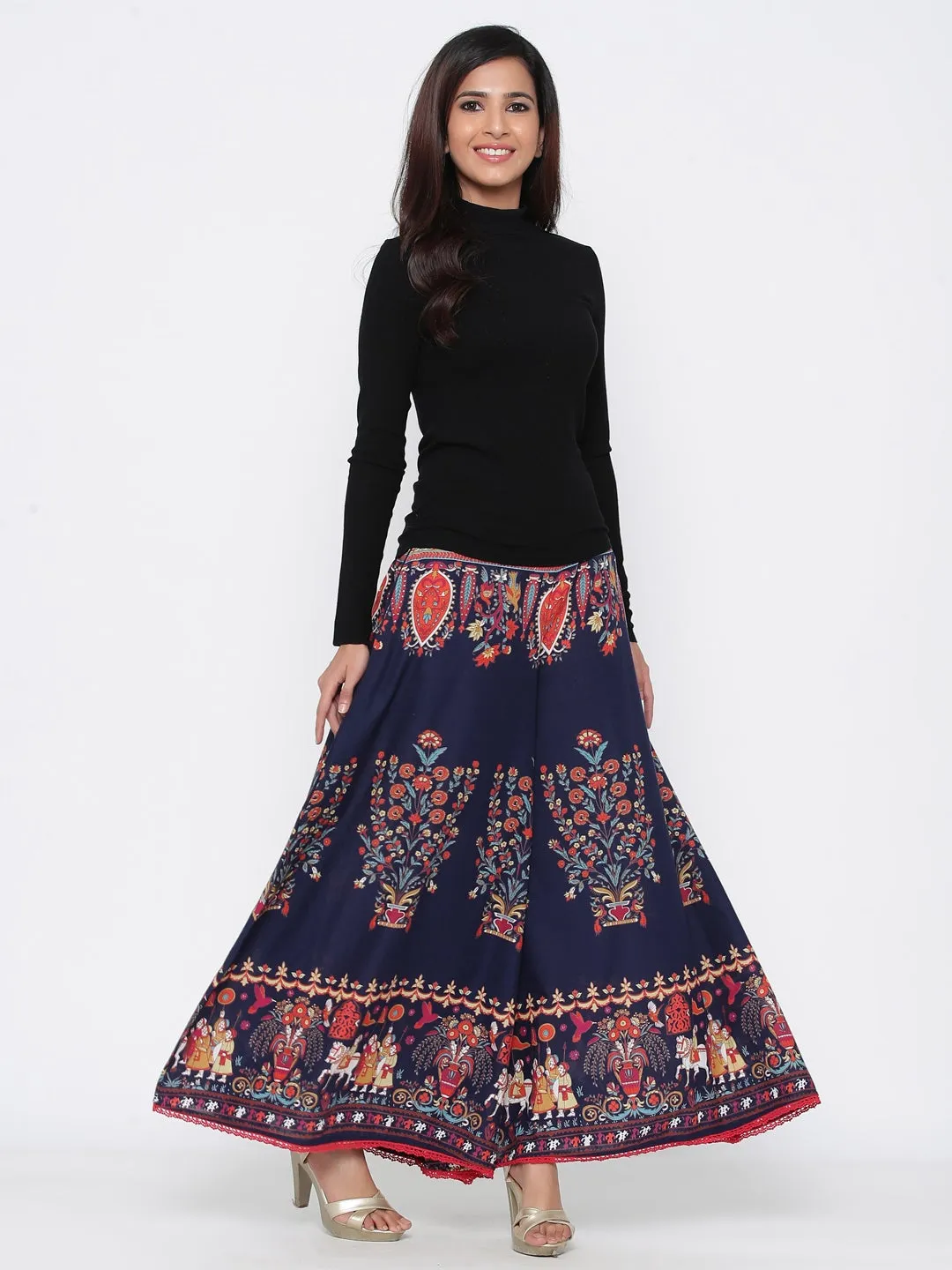 Jashvi Indigo Ethnic Motif Printed Flared Cotton Women Palazzo With One Pocket