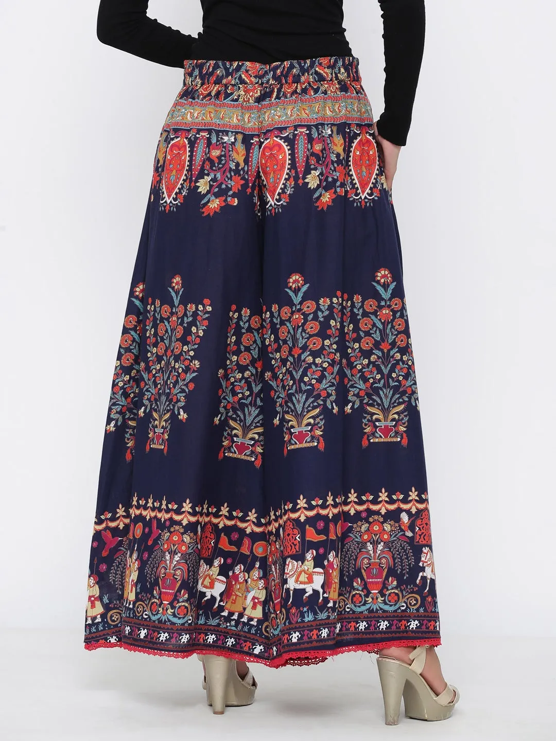 Jashvi Indigo Ethnic Motif Printed Flared Cotton Women Palazzo With One Pocket