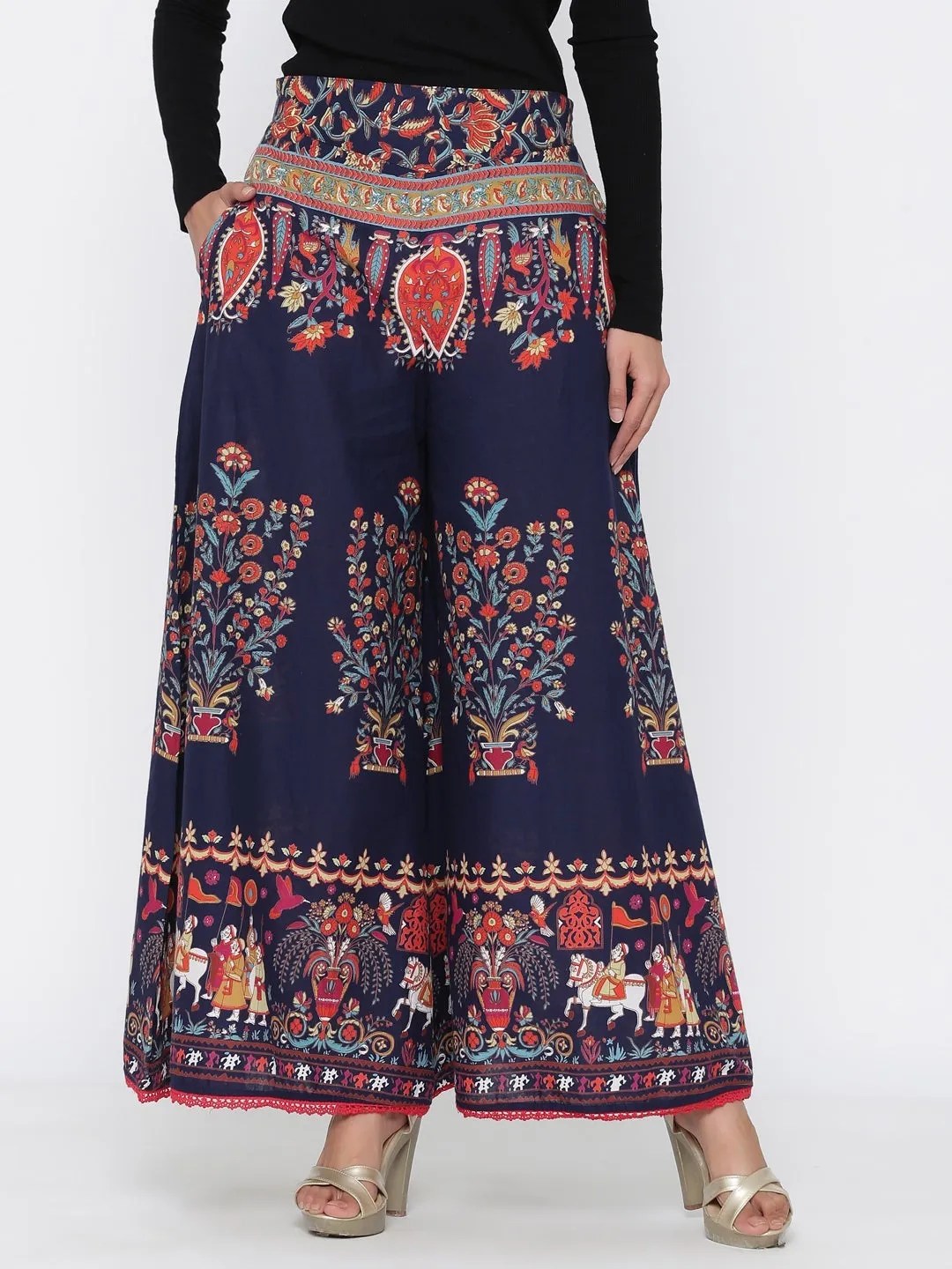 Jashvi Indigo Ethnic Motif Printed Flared Cotton Women Palazzo With One Pocket