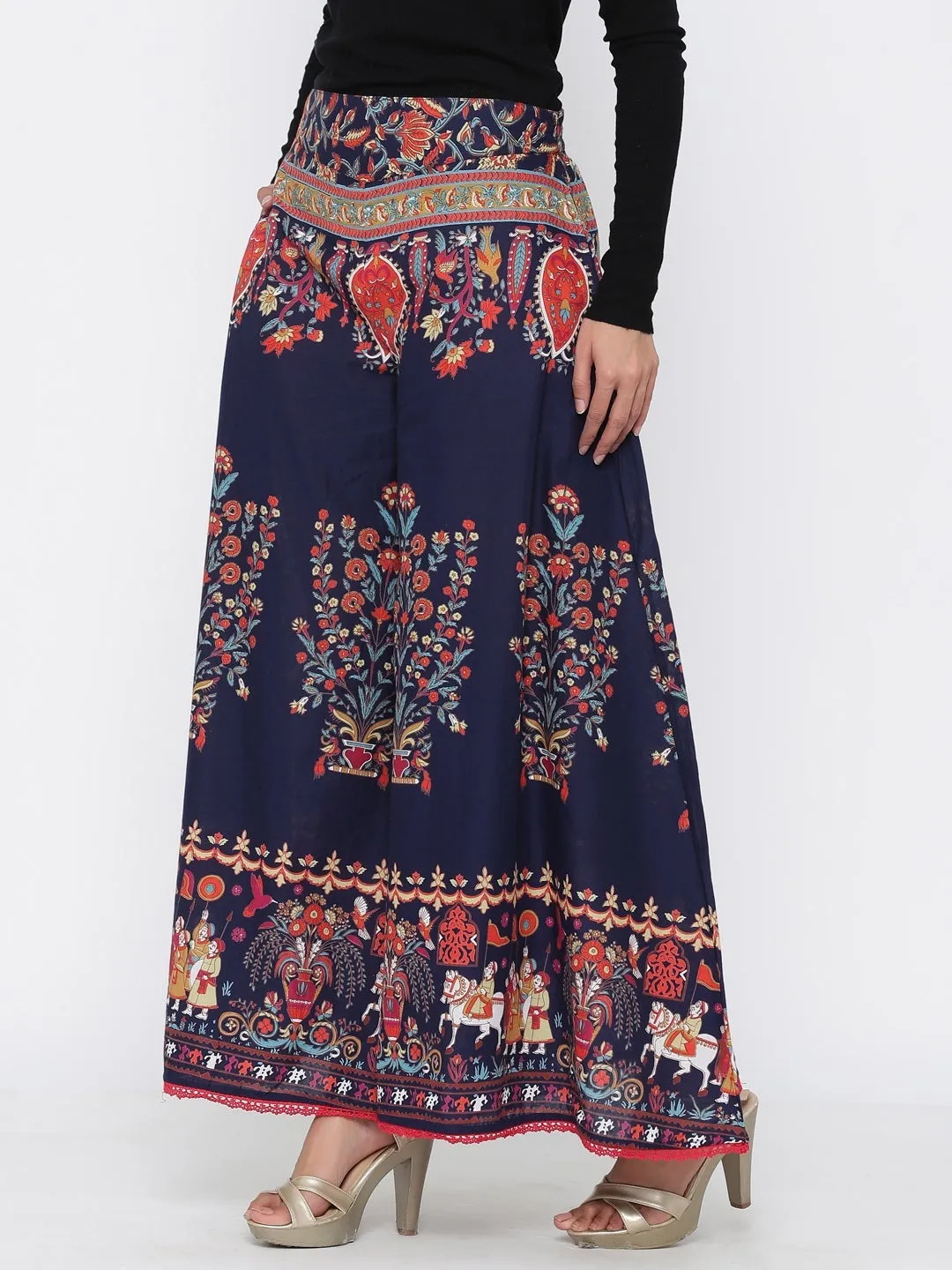 Jashvi Indigo Ethnic Motif Printed Flared Cotton Women Palazzo With One Pocket