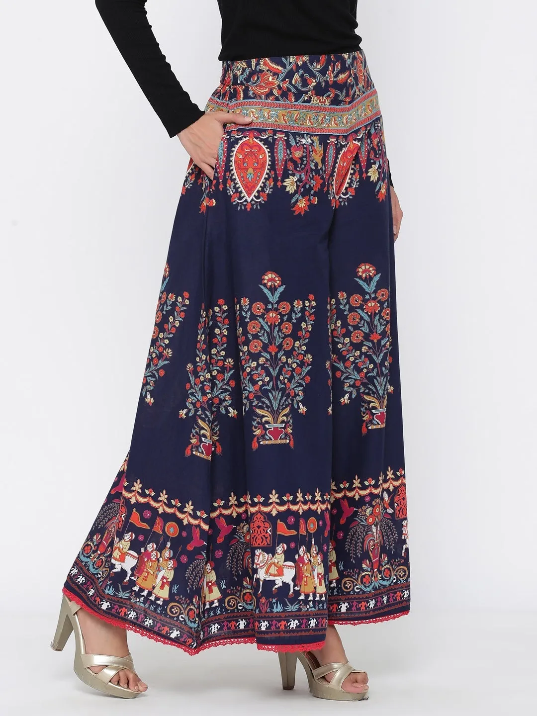 Jashvi Indigo Ethnic Motif Printed Flared Cotton Women Palazzo With One Pocket