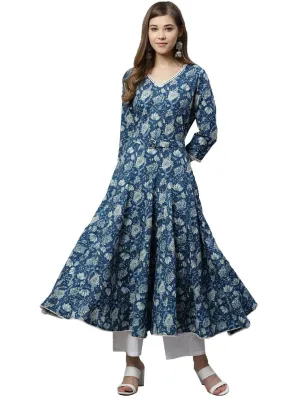 Jashvi Indigo Flaired Kurta With Belt