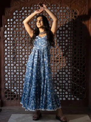 Jashvi Indigo Floral Printed Shoulder Strip Long Dress