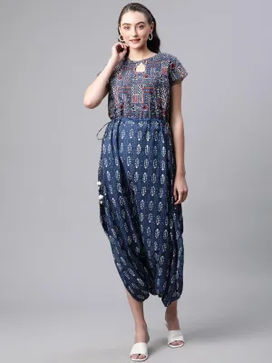 Jashvi Indigo Hand Block Dhoti Style Cotton Jumpsuit