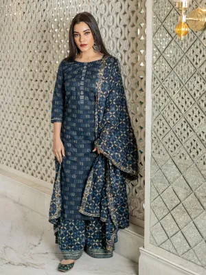 Jashvi Indigo Kurta Set With Palazzo and Dupatta