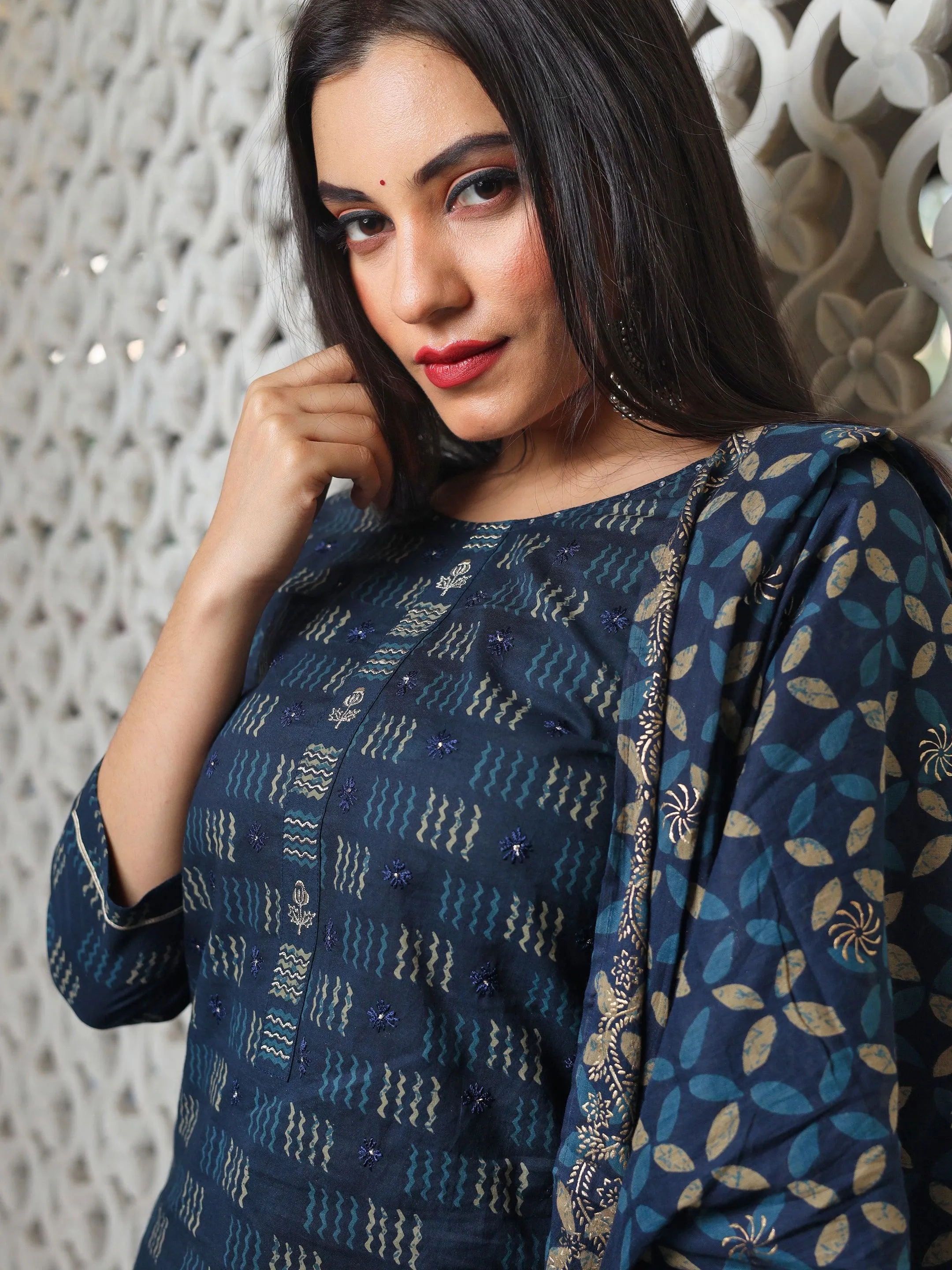 Jashvi Indigo Kurta Set With Palazzo and Dupatta