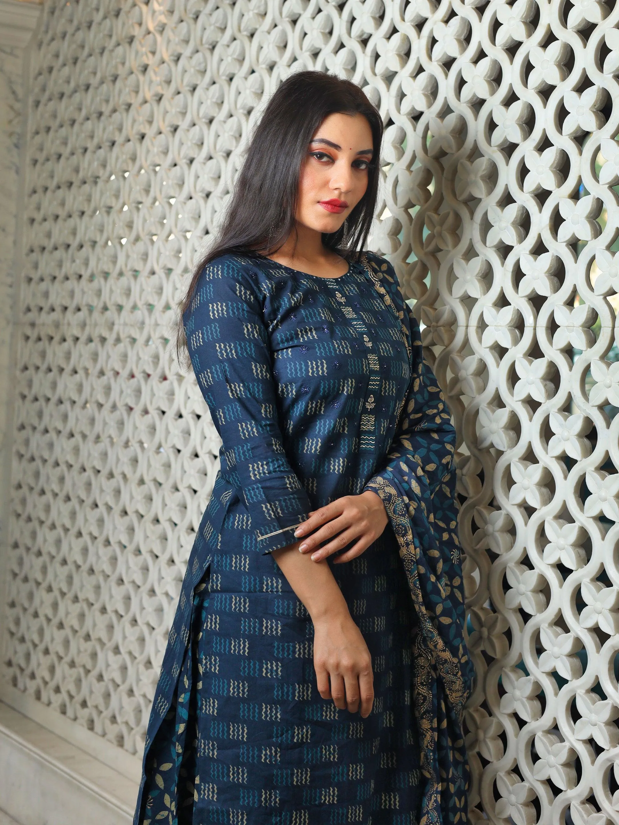 Jashvi Indigo Kurta Set With Palazzo and Dupatta