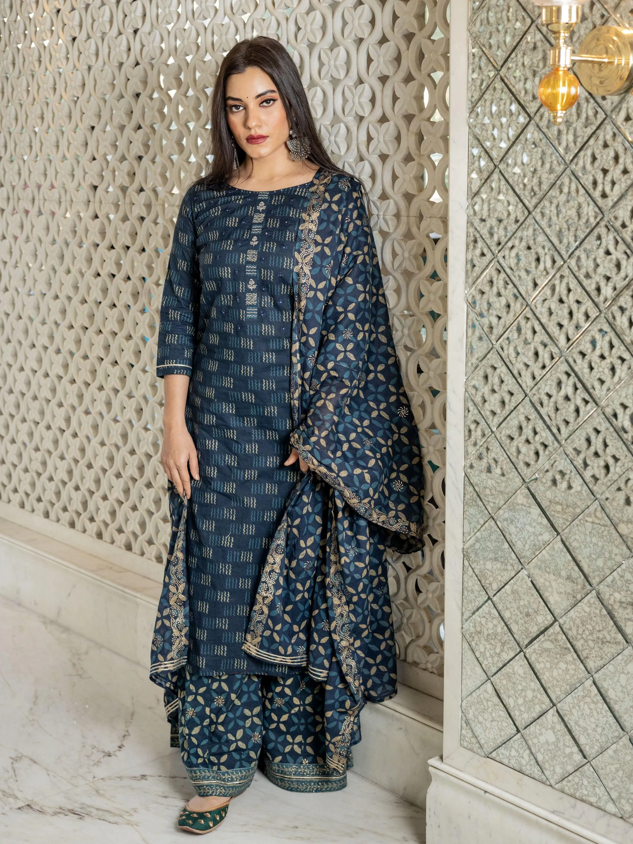 Jashvi Indigo Kurta Set With Palazzo and Dupatta