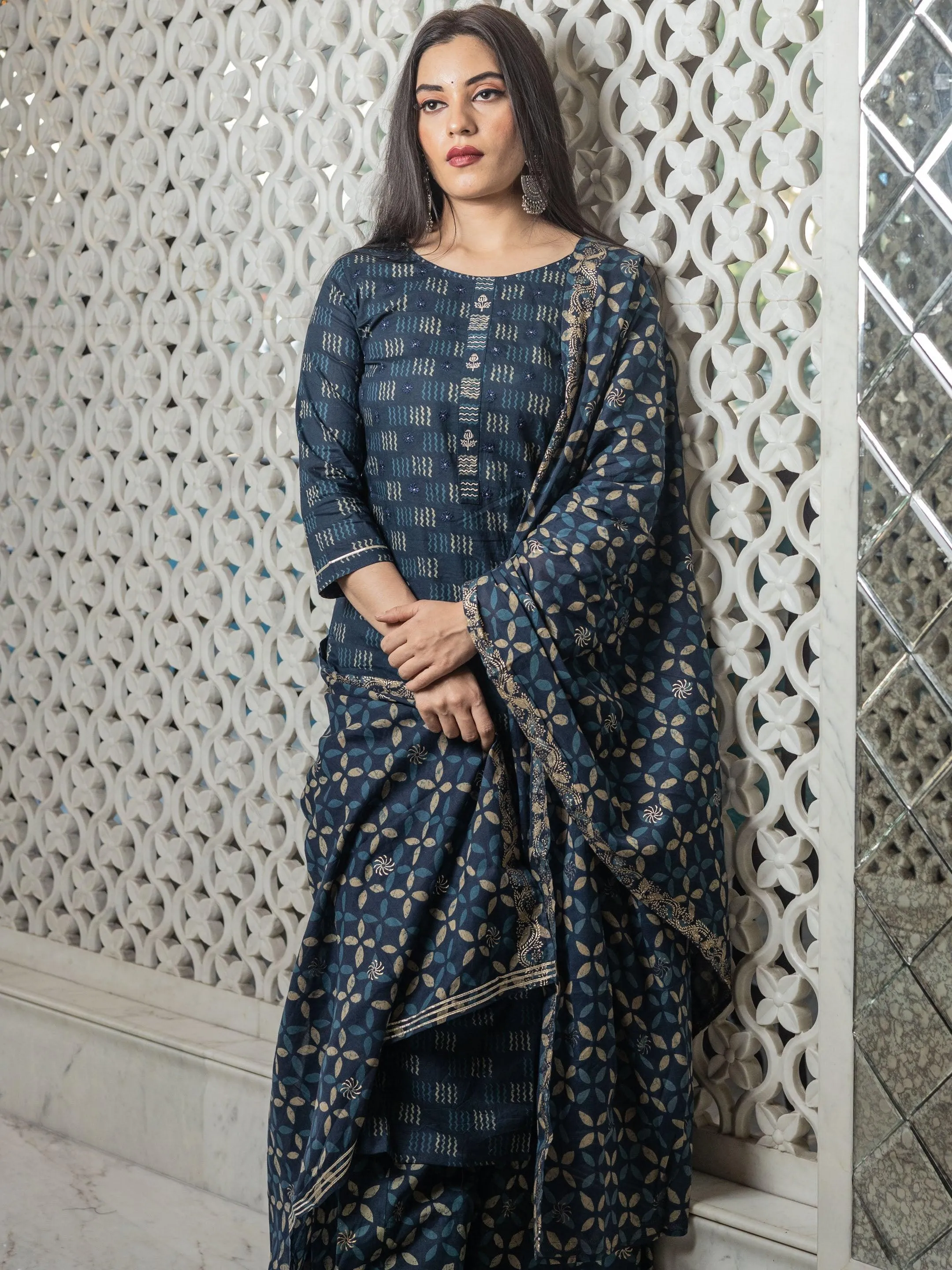 Jashvi Indigo Kurta Set With Palazzo and Dupatta