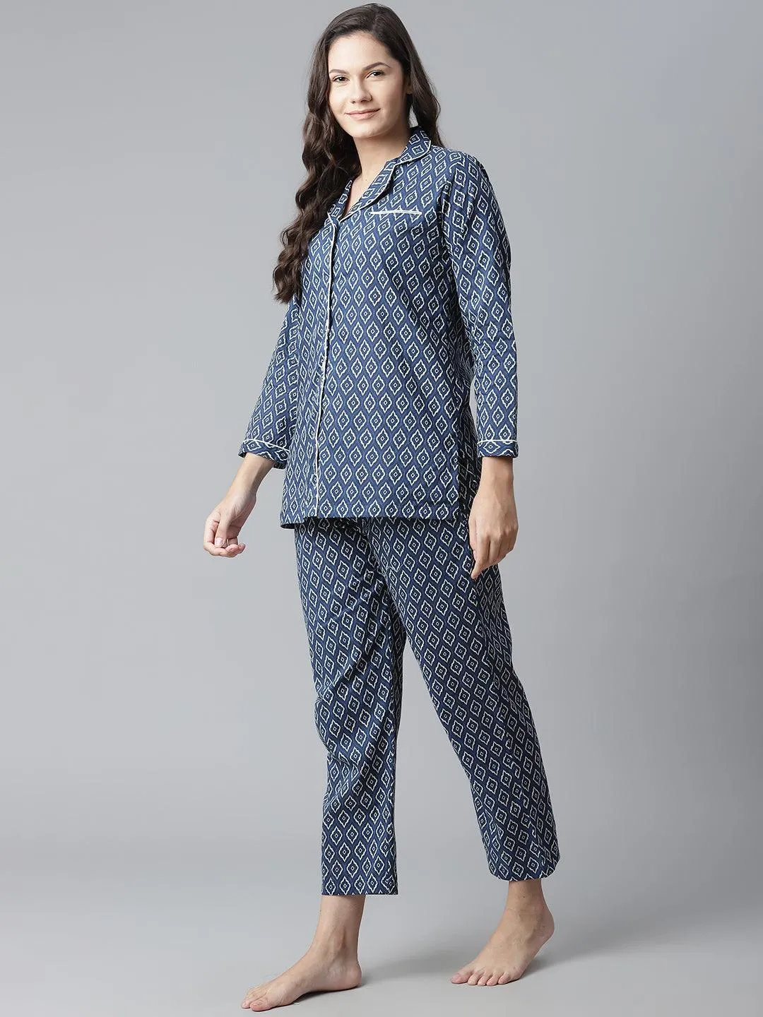 Jashvi  Indigo Printed Cotton Nightsuit