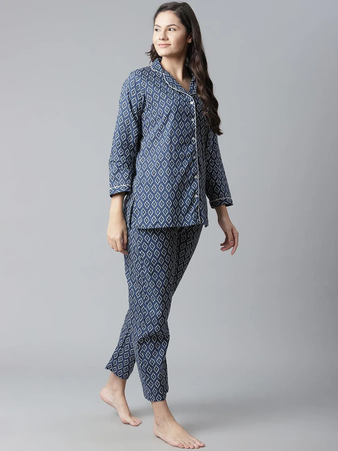 Jashvi  Indigo Printed Cotton Nightsuit