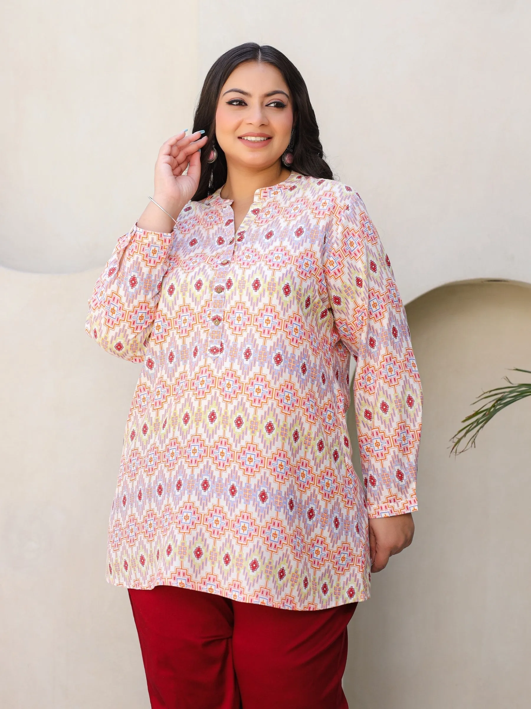 Jashvi Ivory Geometric Printed A-Line Rayon Plus Size Tunic