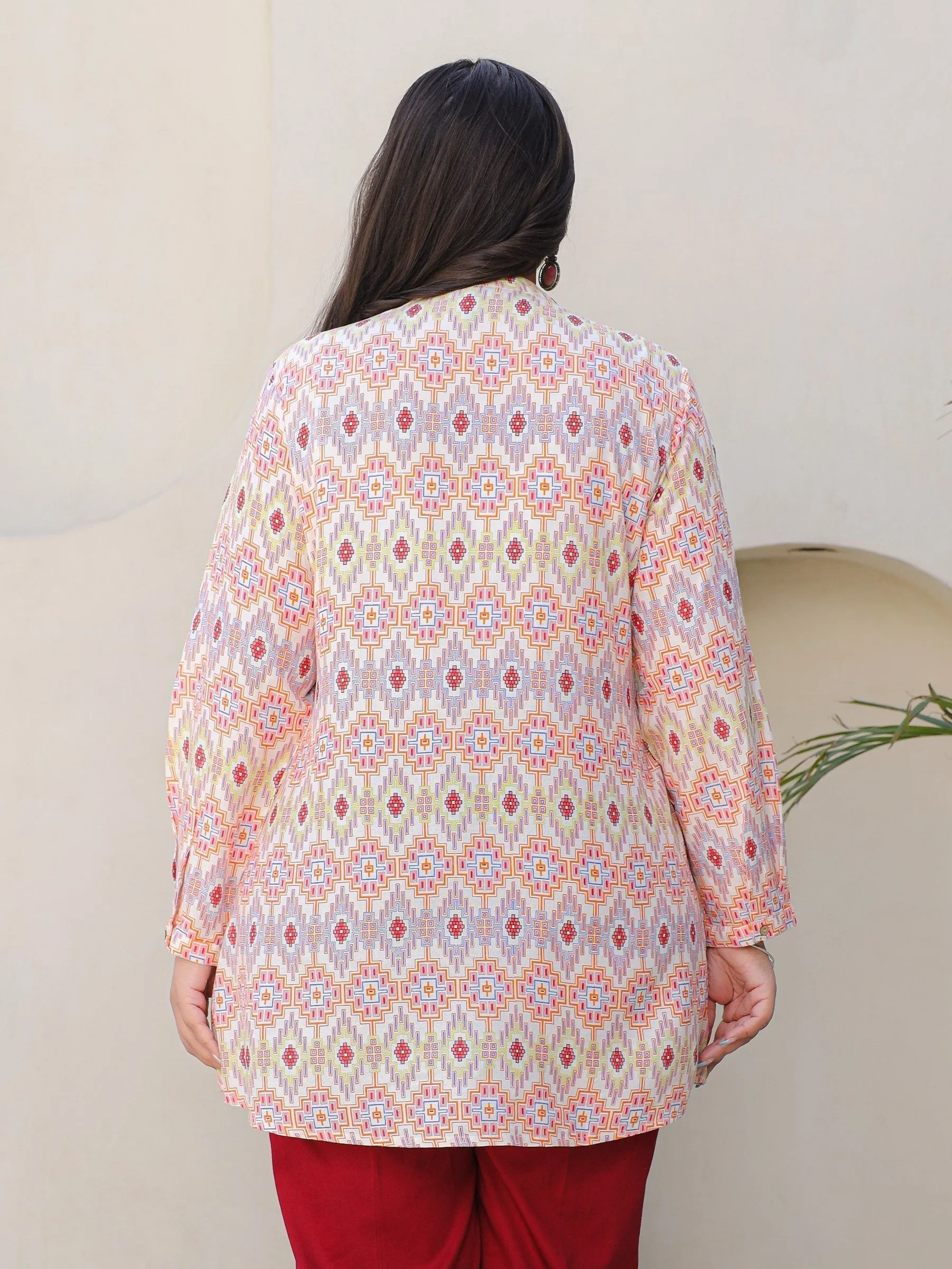 Jashvi Ivory Geometric Printed A-Line Rayon Plus Size Tunic