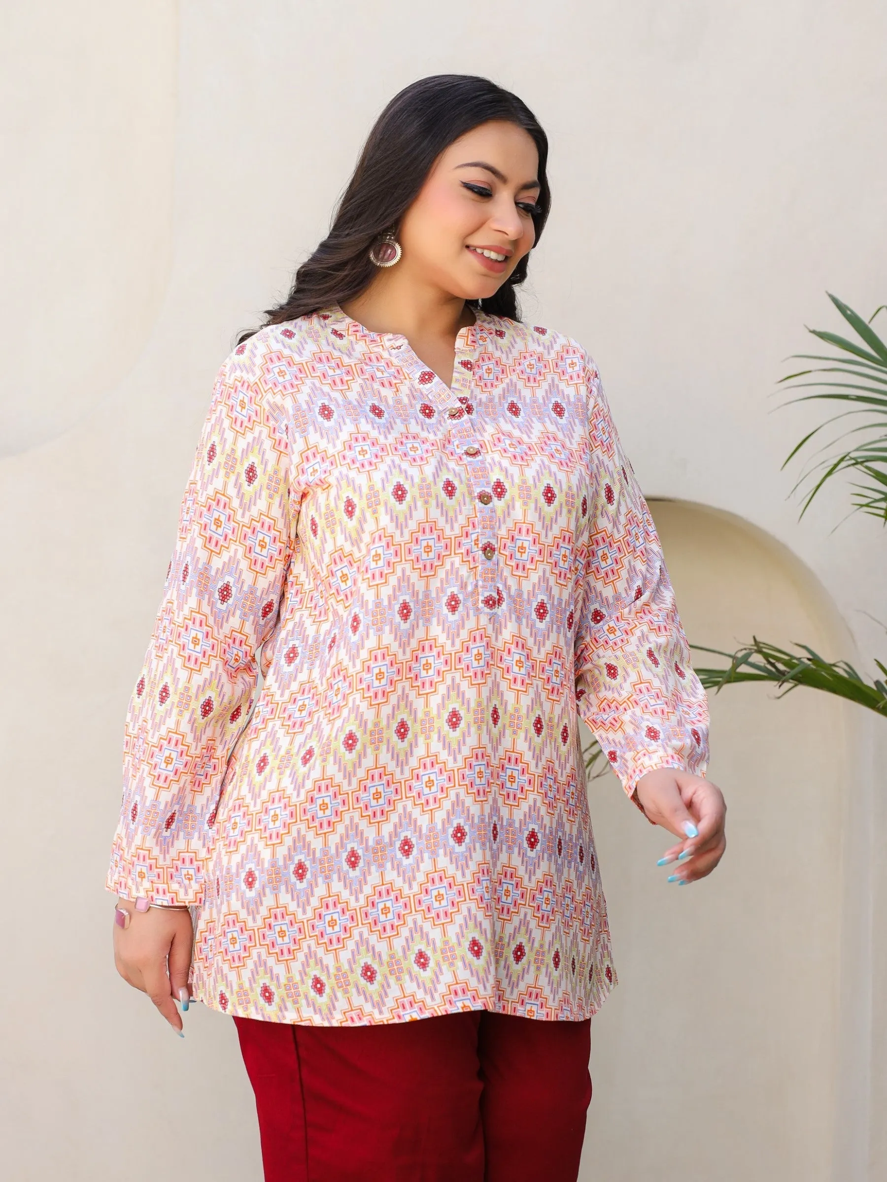 Jashvi Ivory Geometric Printed A-Line Rayon Plus Size Tunic