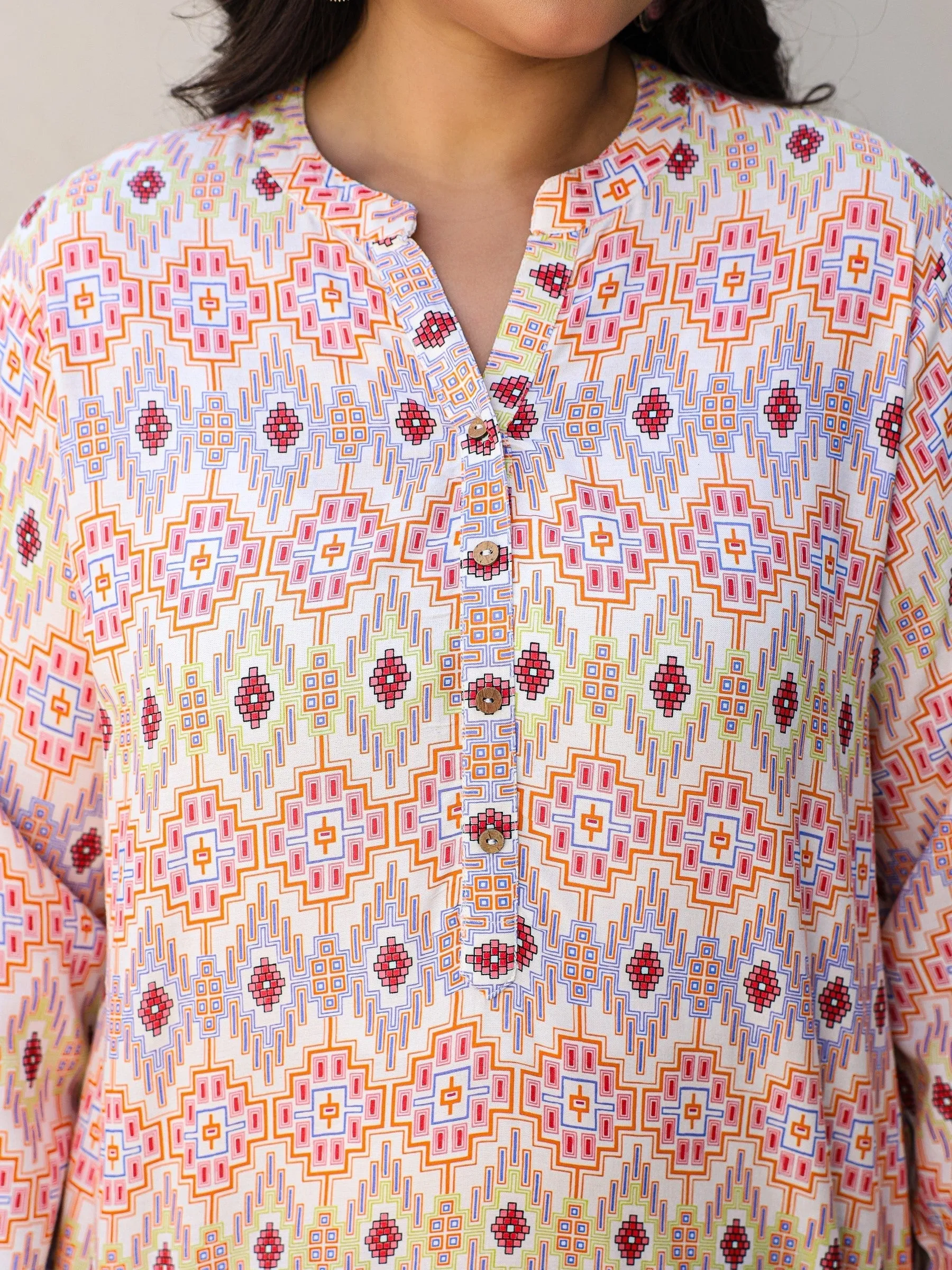 Jashvi Ivory Geometric Printed A-Line Rayon Plus Size Tunic