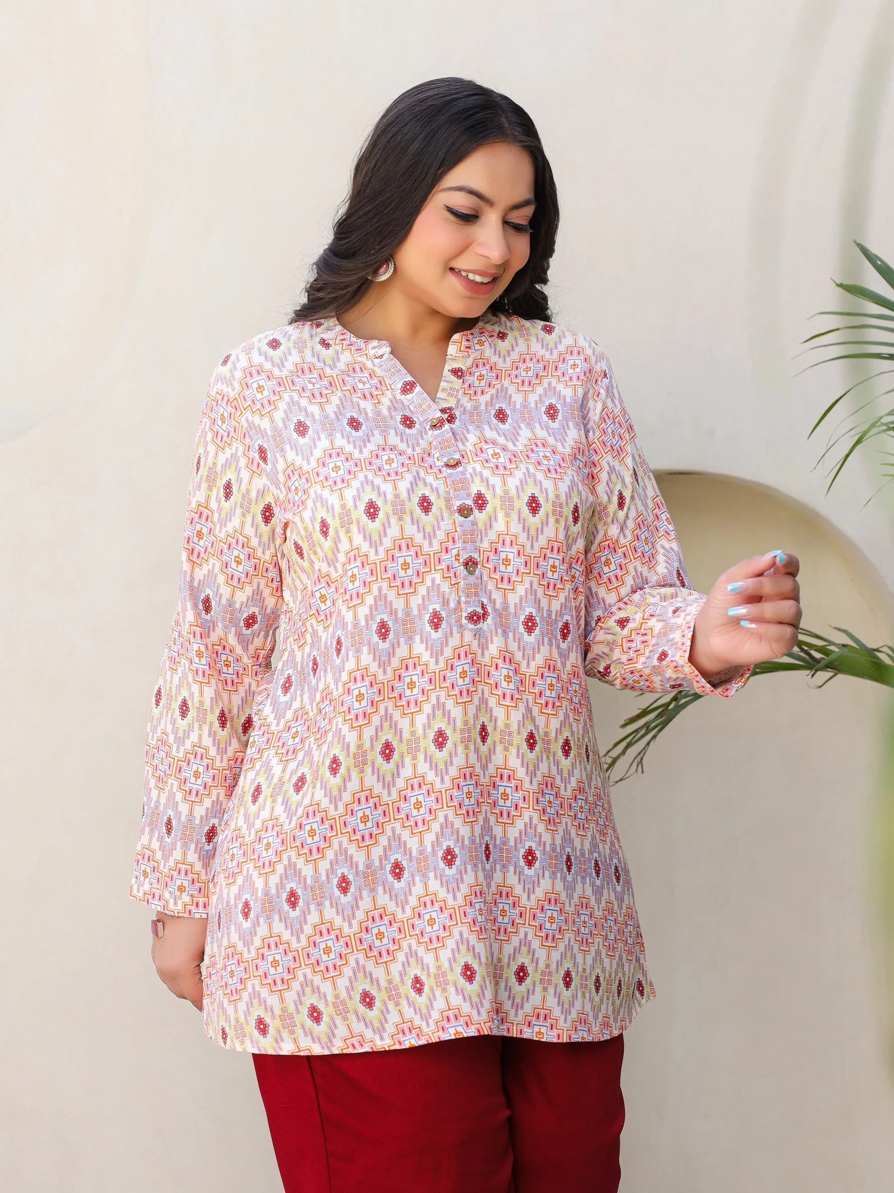 Jashvi Ivory Geometric Printed A-Line Rayon Plus Size Tunic