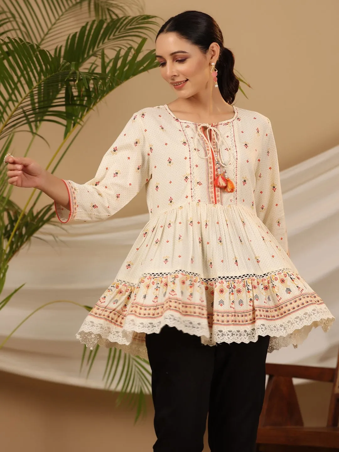 Jashvi Ivory Geometric Printed Rayon Tunic With Beads & Sequins