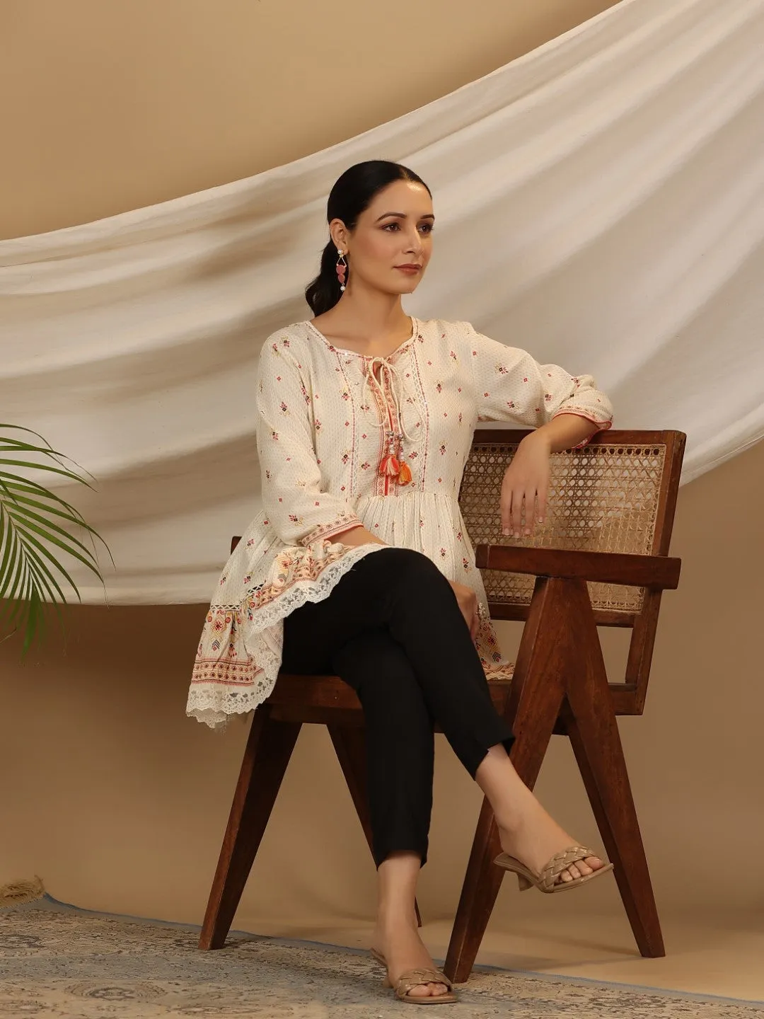 Jashvi Ivory Geometric Printed Rayon Tunic With Beads & Sequins