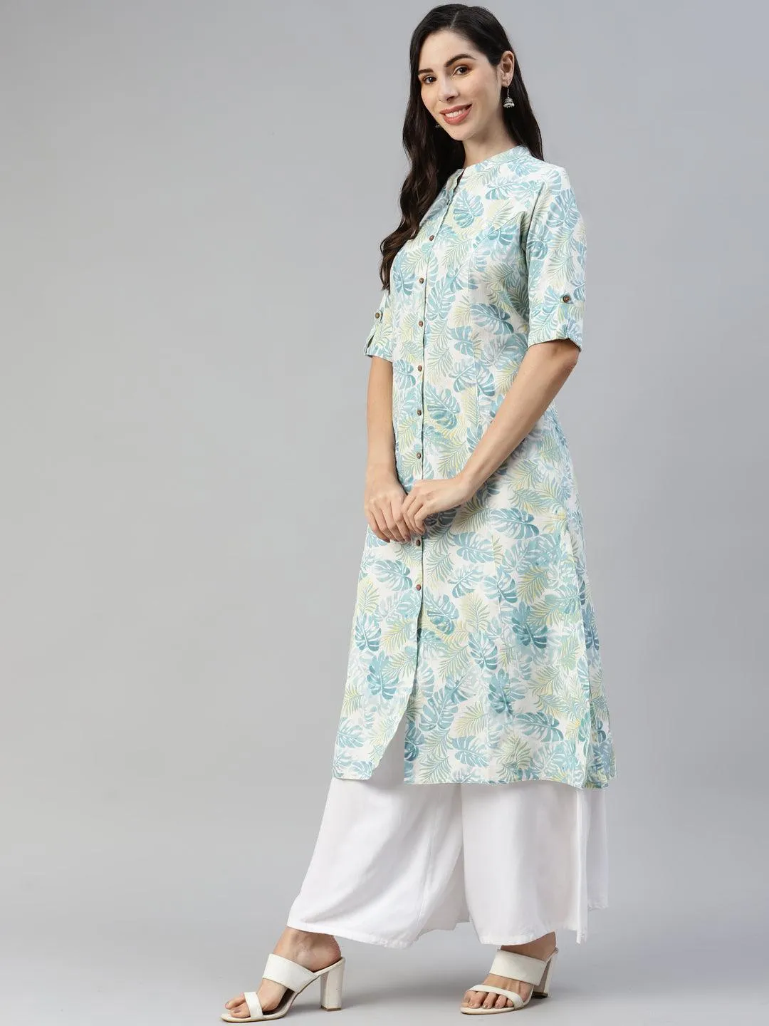 Jashvi Jashvi White Floral Printed Cotton Flex A-line Kurta