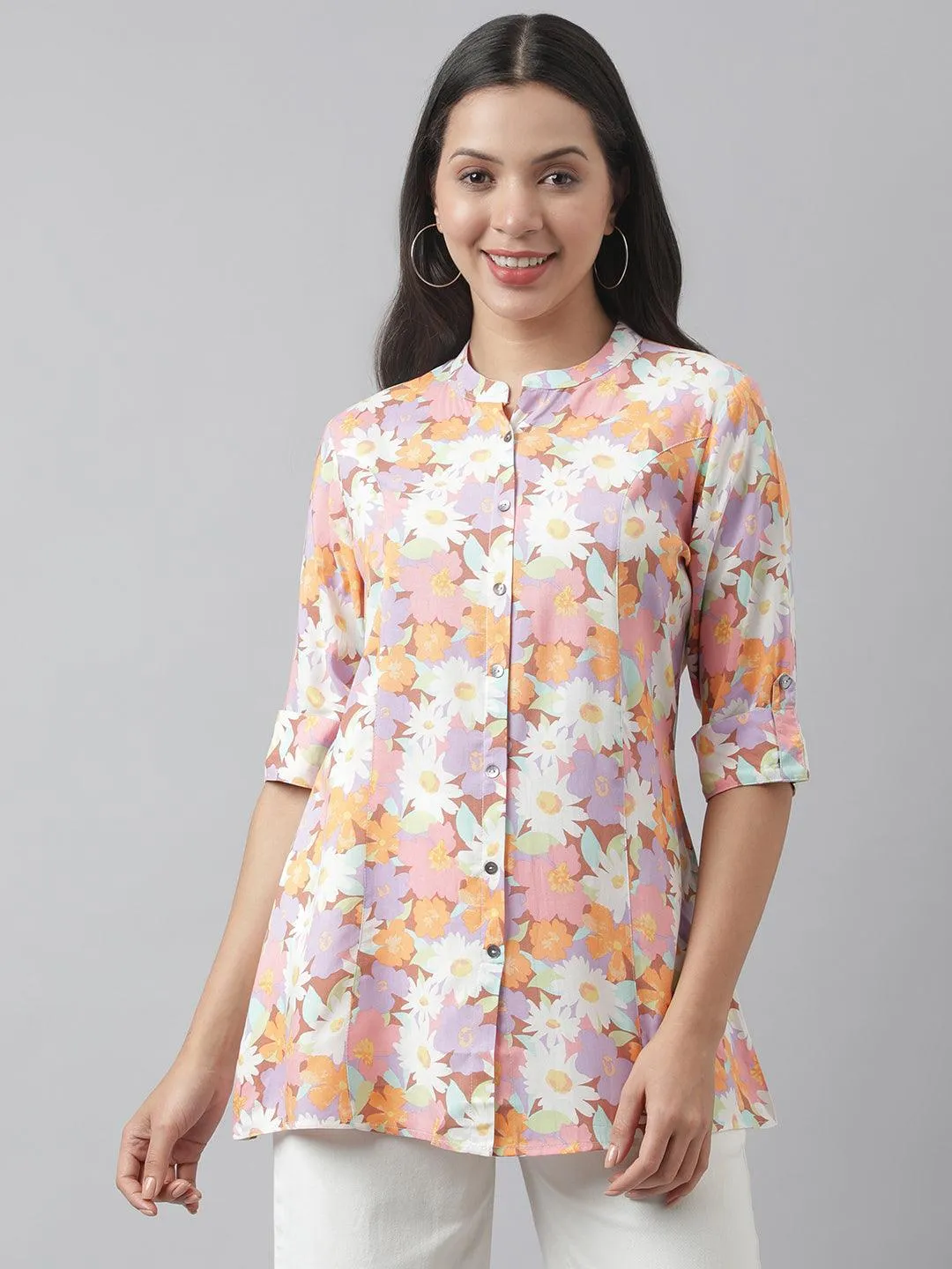 Jashvi Lavender Floral Printed Rayon A-line Shirt Style Top