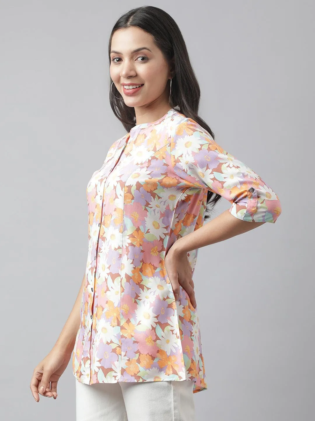 Jashvi Lavender Floral Printed Rayon A-line Shirt Style Top