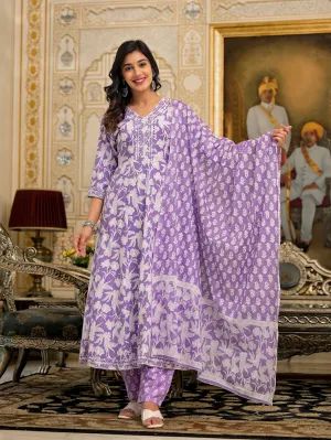 Jashvi Lavender Floral Printed Rayon Kurta, Pant And Dupatta Set With Thread & Sequins Work