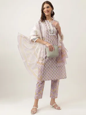 Jashvi Lavender Hand Block Printed Cotton Kurta, Trouser with Kota Doria Dupatta Set