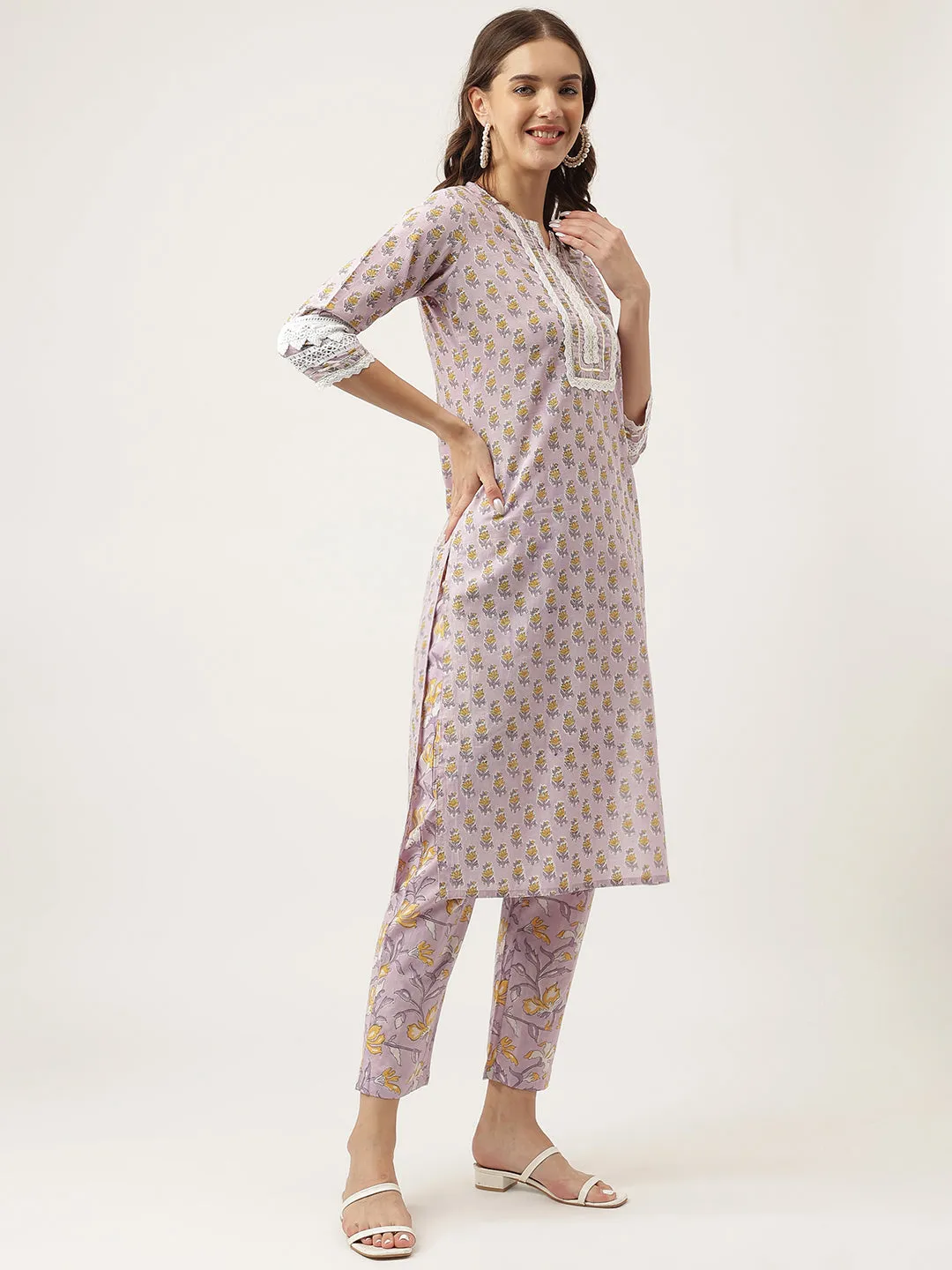 Jashvi Lavender Hand Block Printed Cotton Kurta, Trouser with Kota Doria Dupatta Set