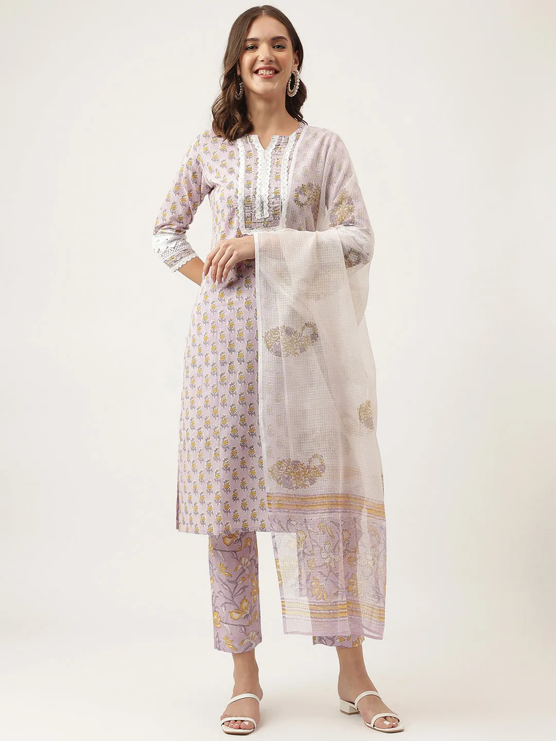 Jashvi Lavender Hand Block Printed Cotton Kurta, Trouser with Kota Doria Dupatta Set