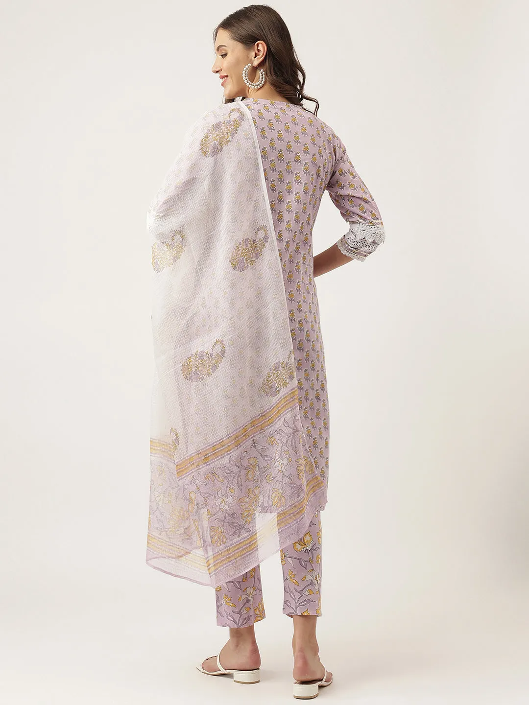 Jashvi Lavender Hand Block Printed Cotton Kurta, Trouser with Kota Doria Dupatta Set