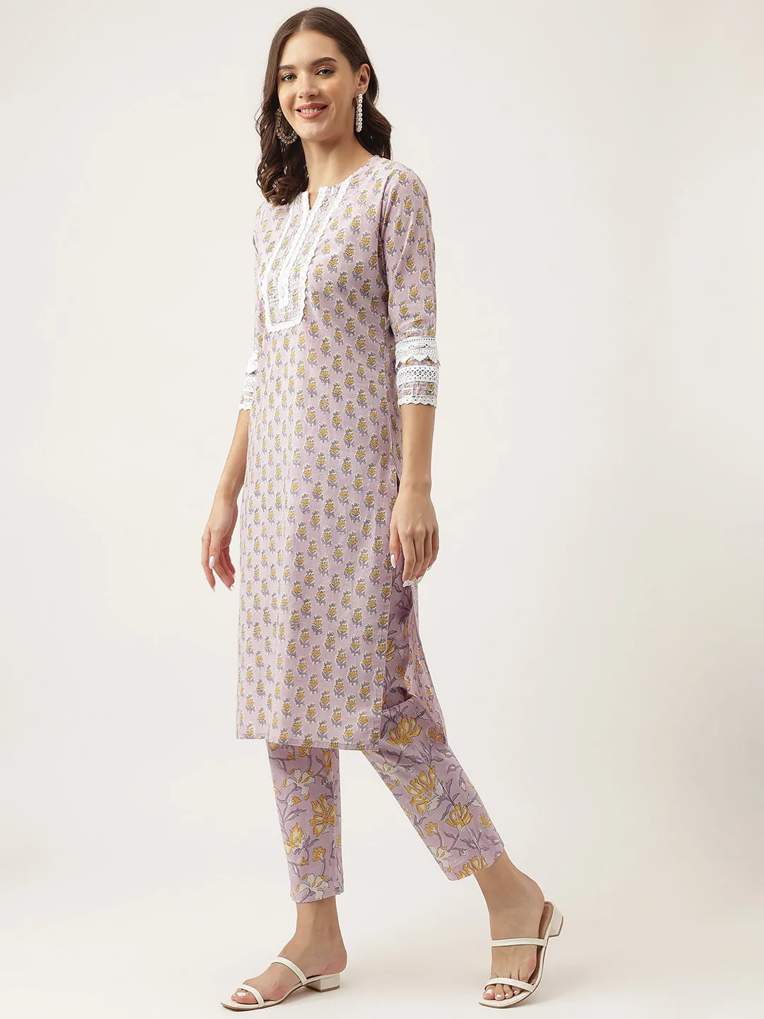 Jashvi Lavender Hand Block Printed Cotton Kurta, Trouser with Kota Doria Dupatta Set