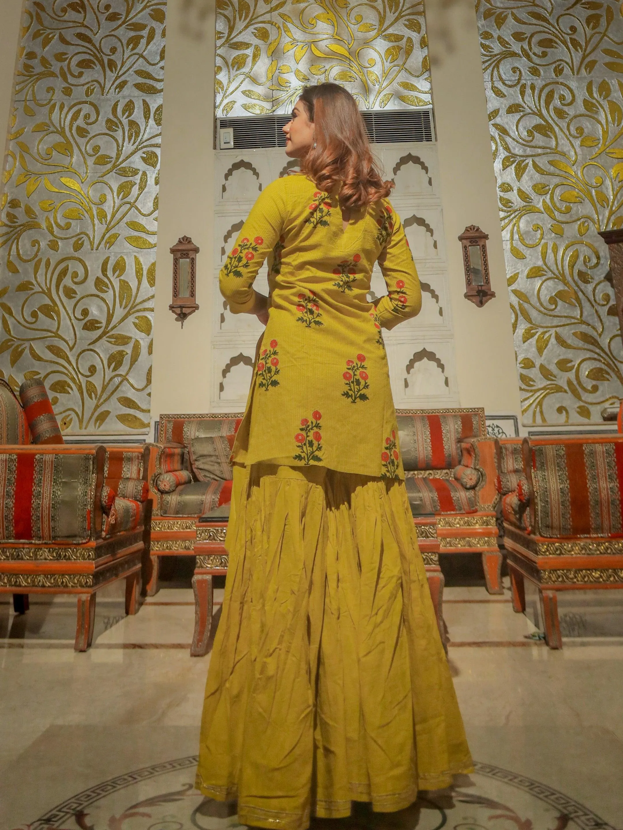 Jashvi lemon yellow cotton sharara kurta set with dupatta