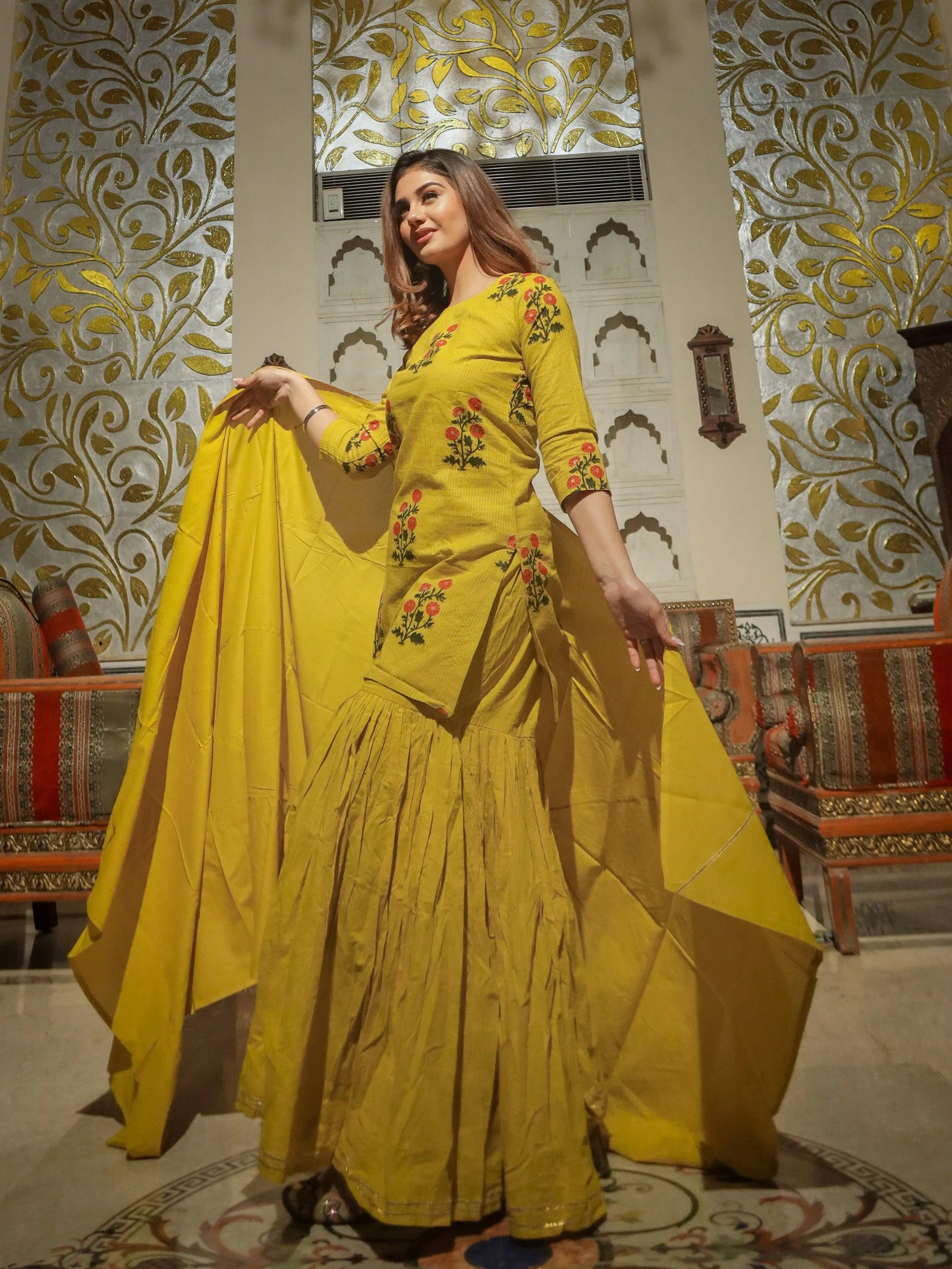 Jashvi lemon yellow cotton sharara kurta set with dupatta