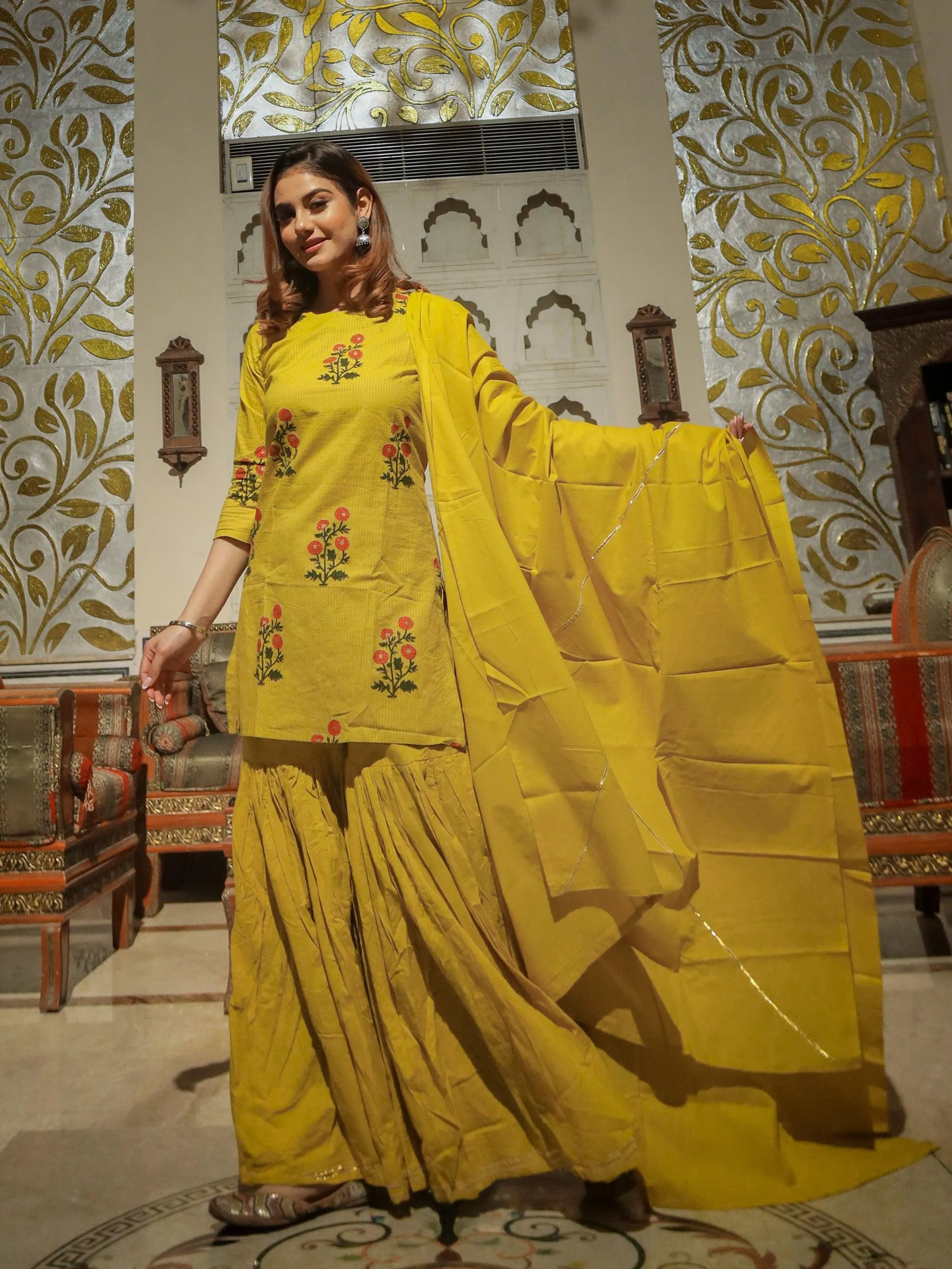 Jashvi lemon yellow cotton sharara kurta set with dupatta