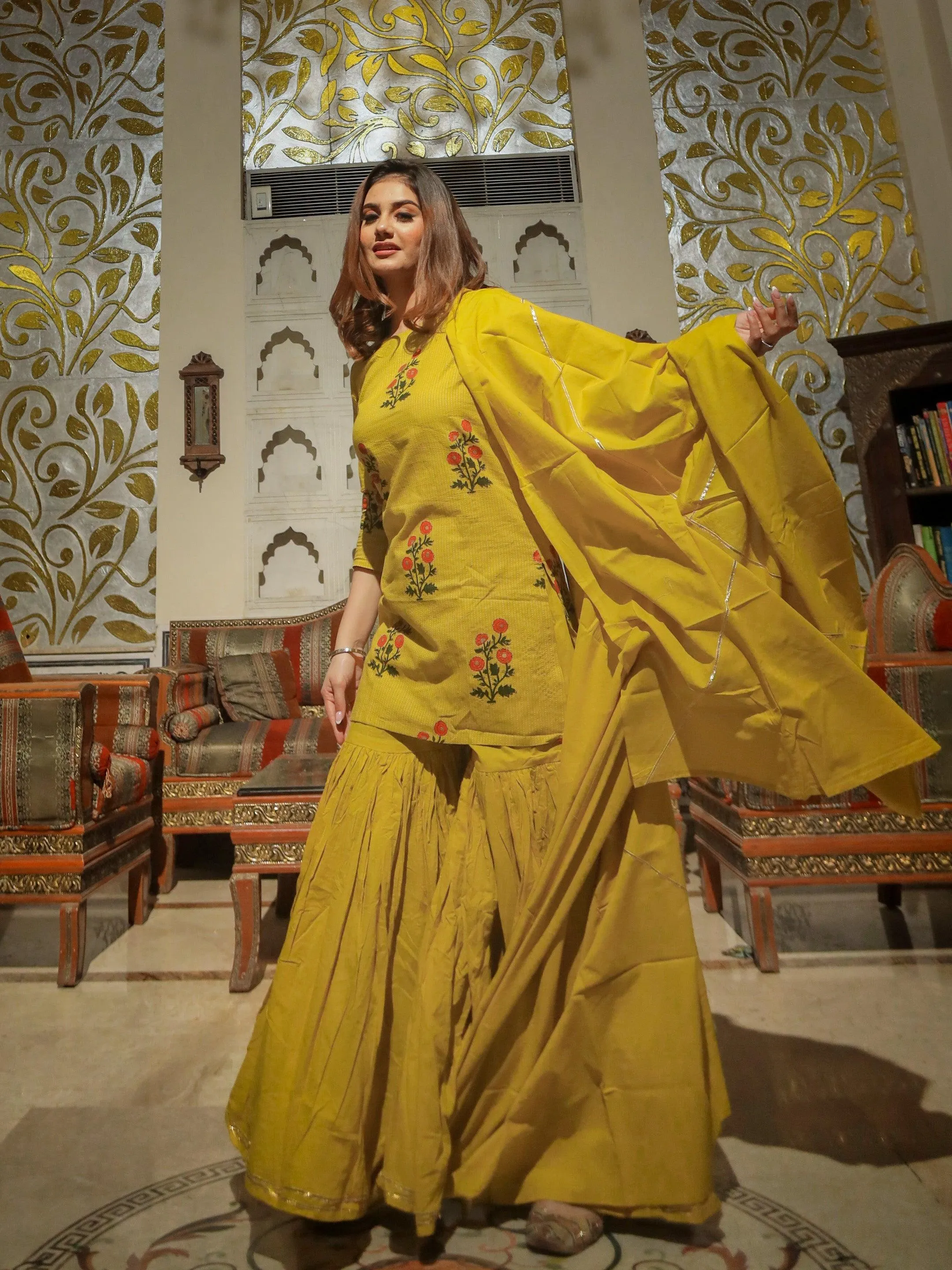 Jashvi lemon yellow cotton sharara kurta set with dupatta