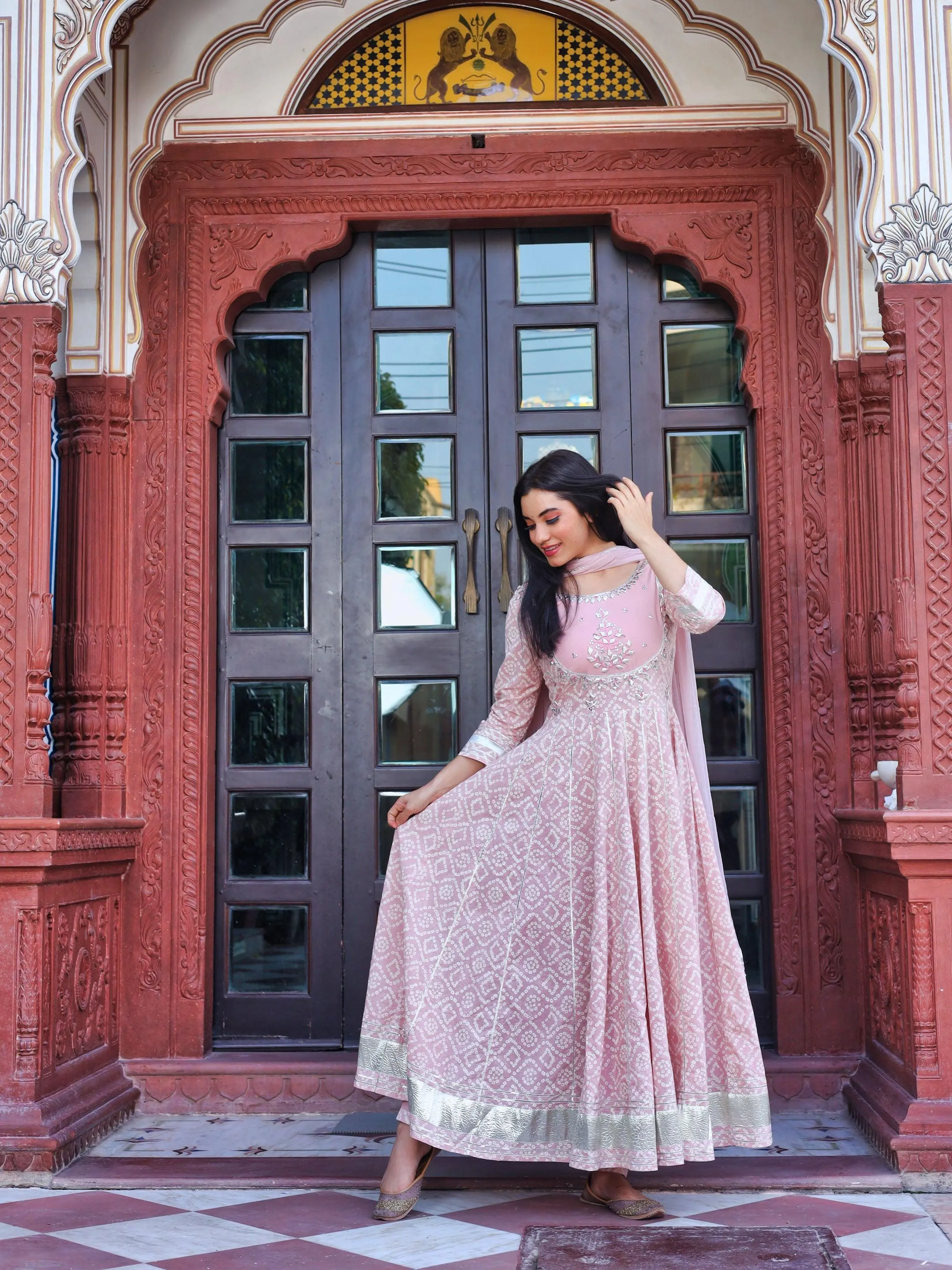 Jashvi Light Pink Cotton Anarkali Kurta Pant set with Net Dupatta