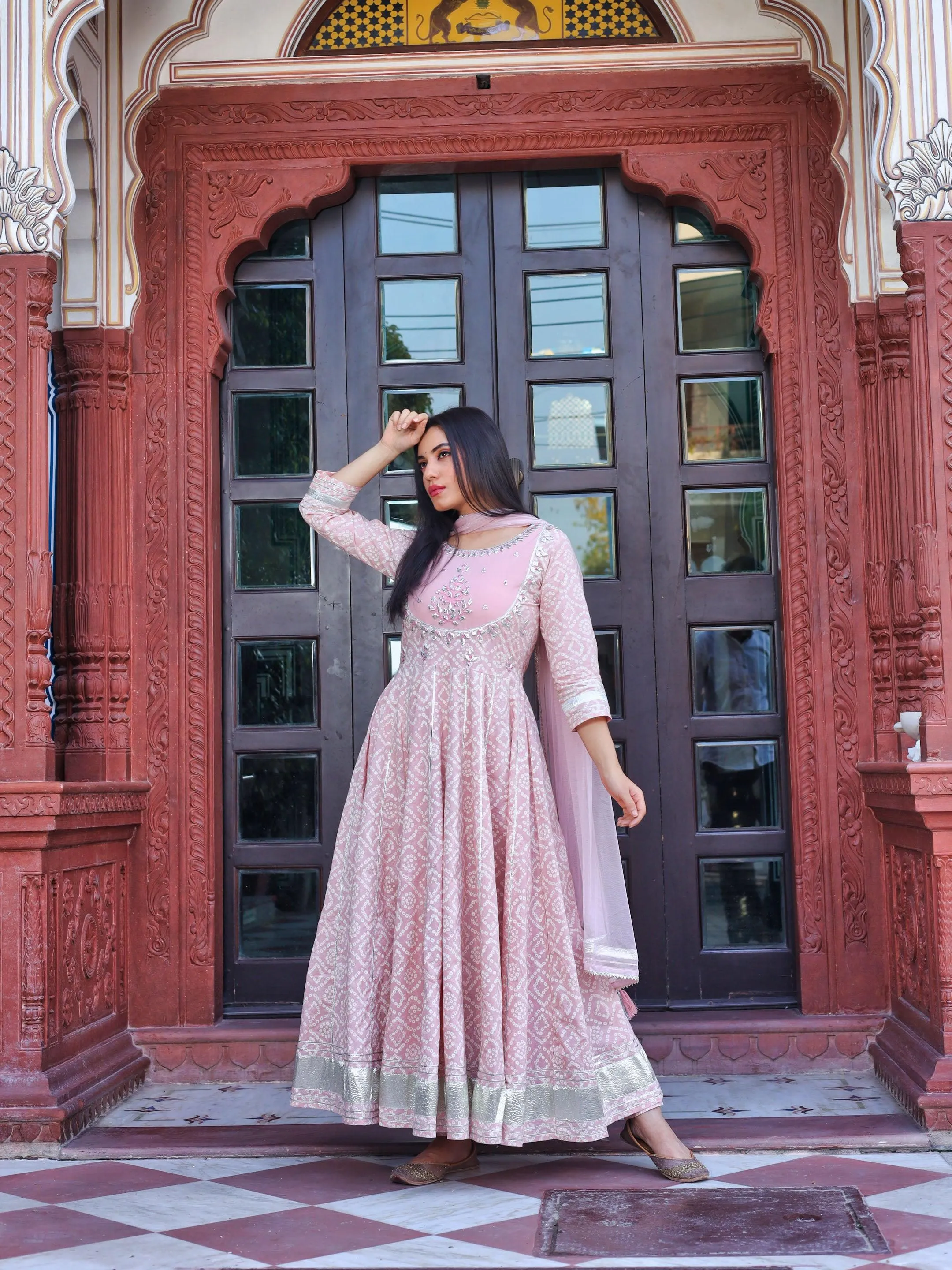 Jashvi Light Pink Cotton Anarkali Kurta Pant set with Net Dupatta