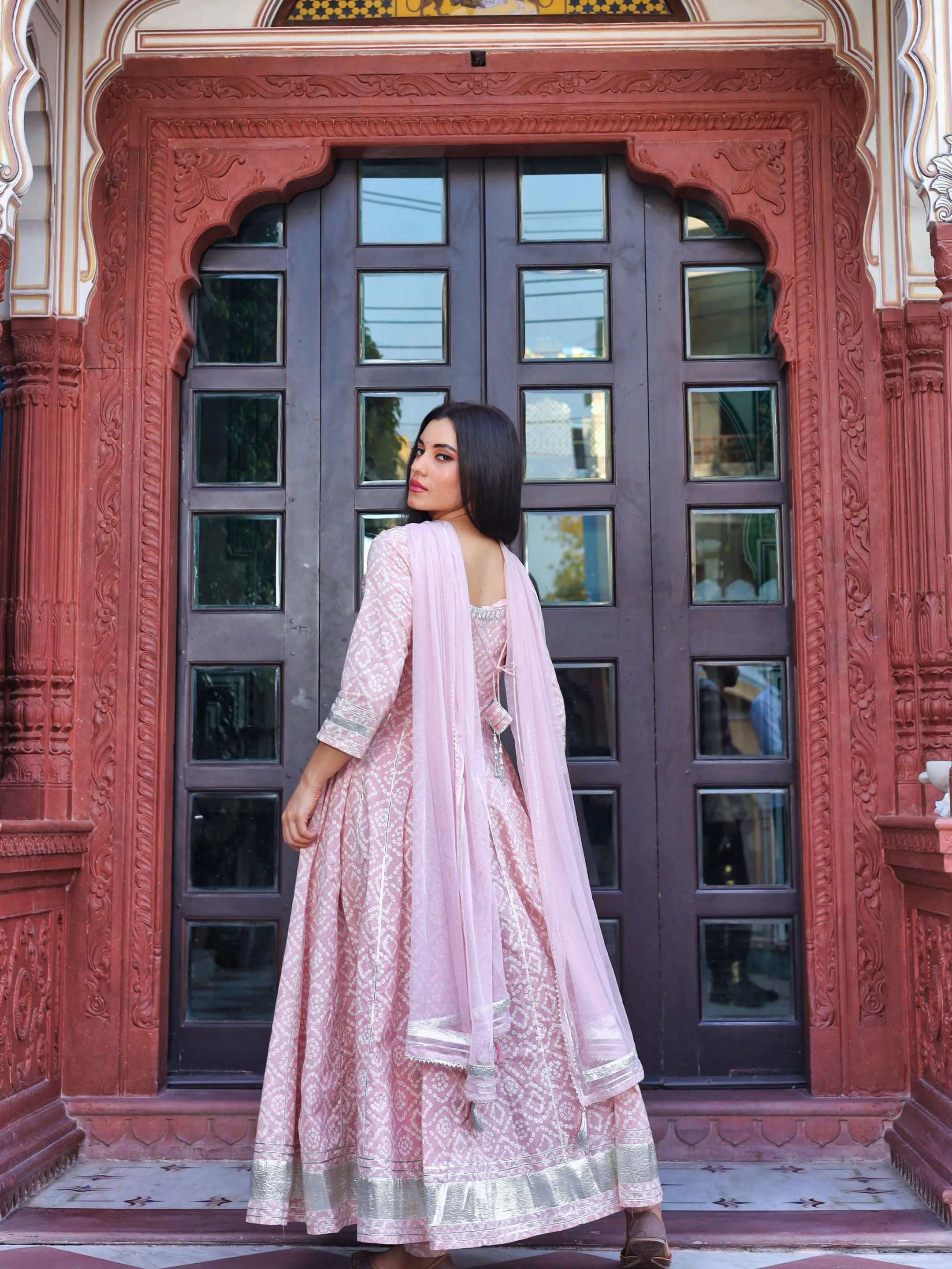 Jashvi Light Pink Cotton Anarkali Kurta Pant set with Net Dupatta