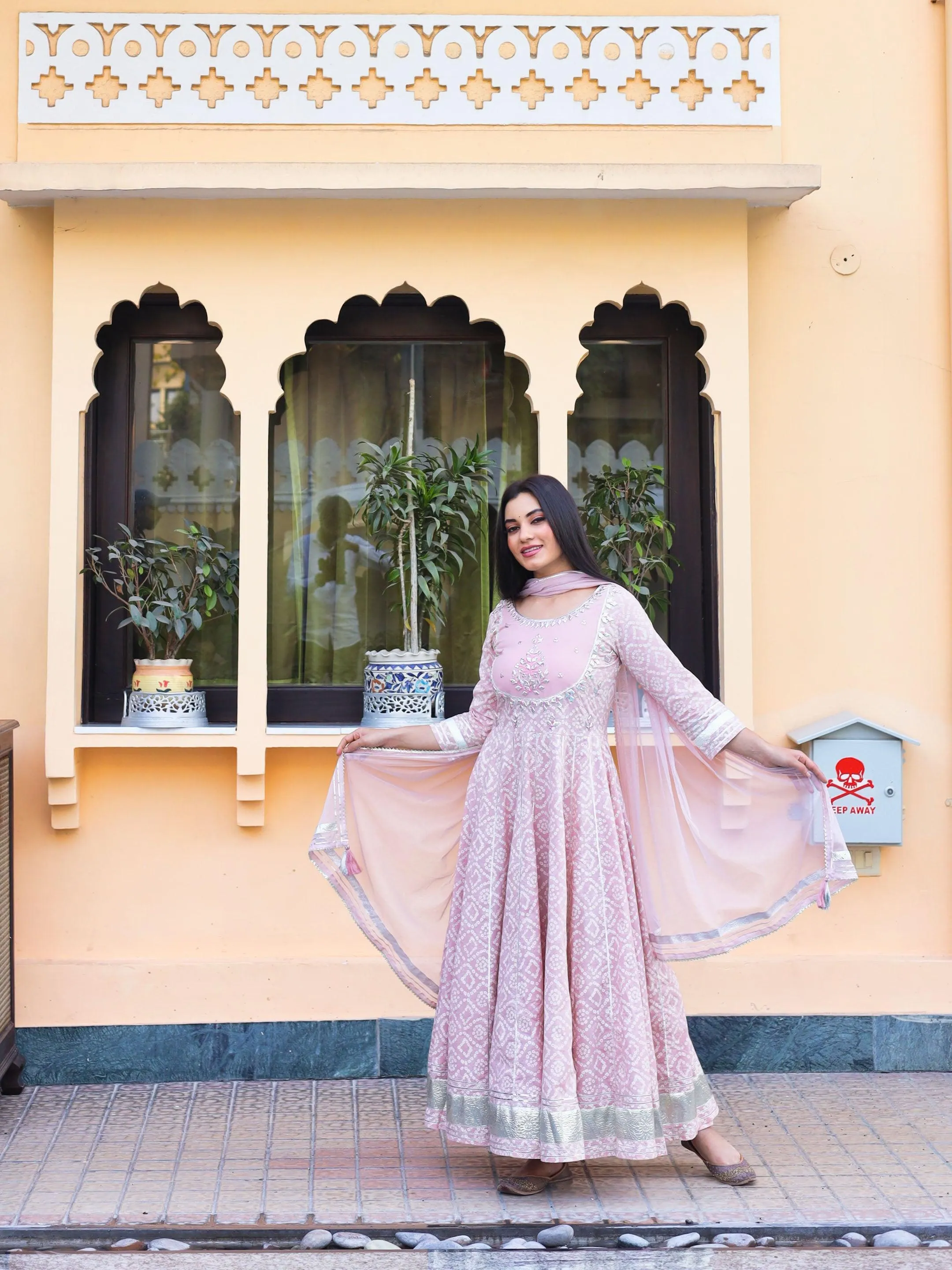 Jashvi Light Pink Cotton Anarkali Kurta Pant set with Net Dupatta