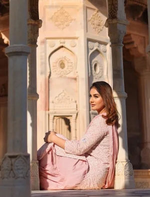 Jashvi Light Pink Cotton Straight Kurta Palazzo set with Dupatta