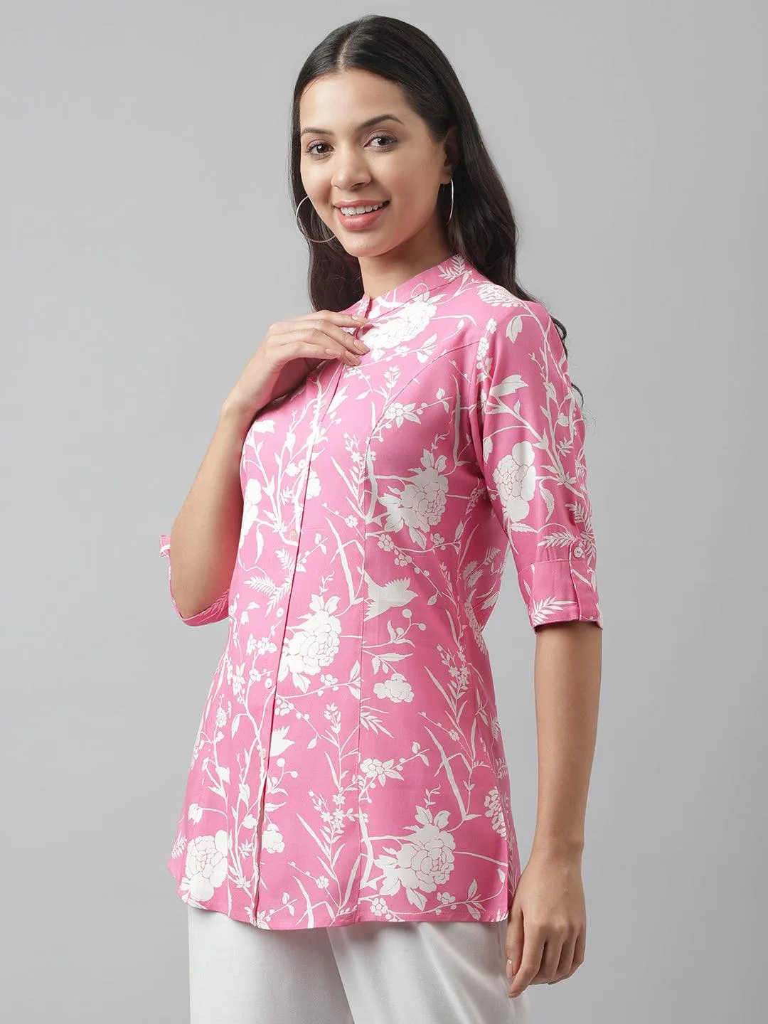 Jashvi Light Pink Floral Printed Rayon A-line Shirt Style Top