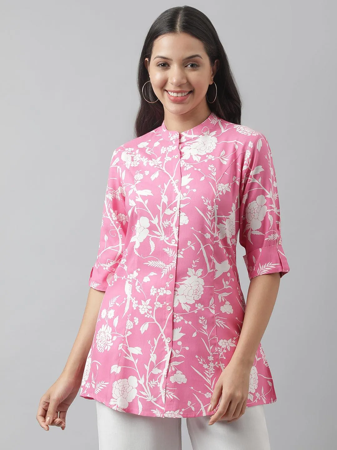 Jashvi Light Pink Floral Printed Rayon A-line Shirt Style Top