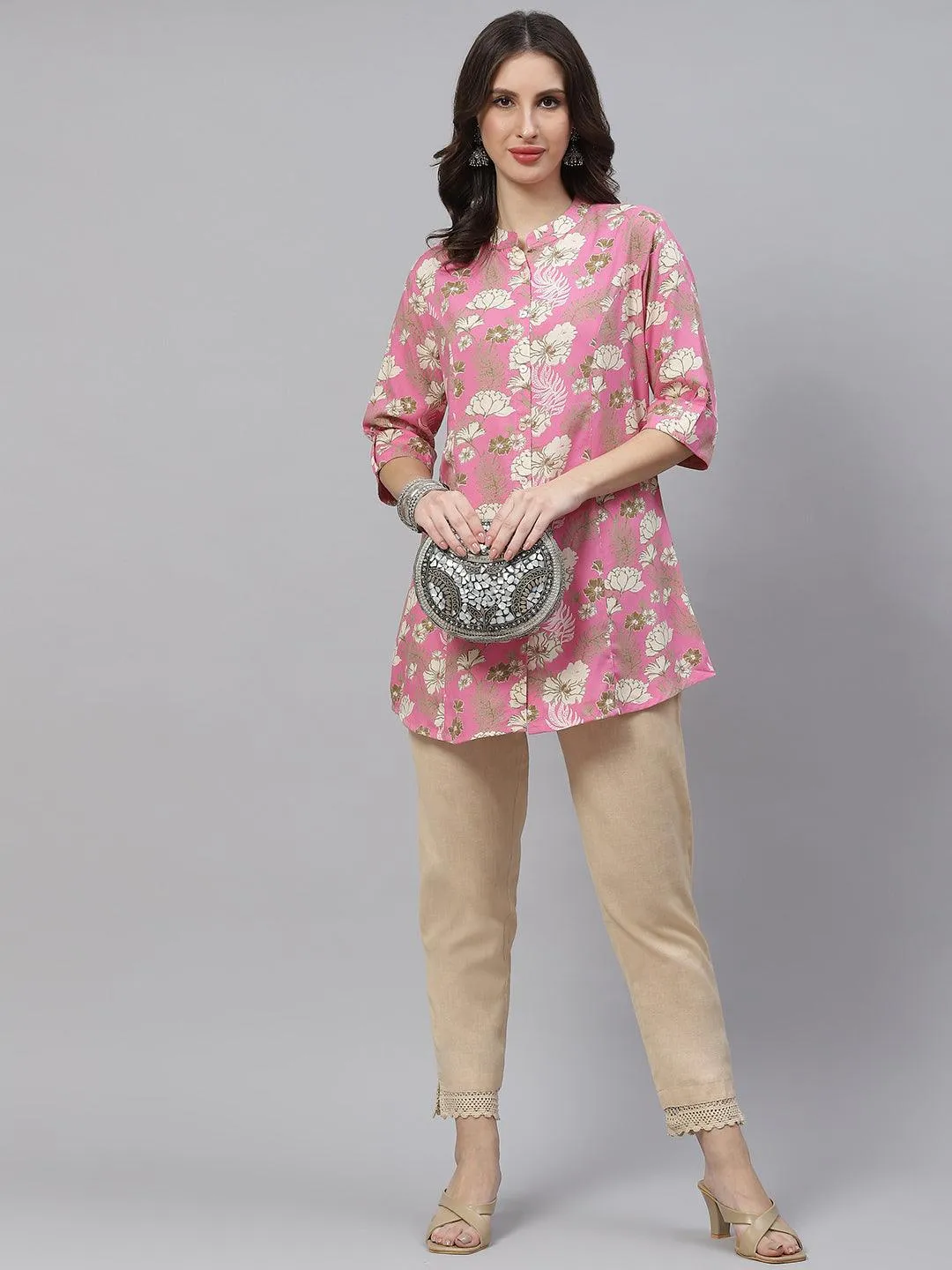 Jashvi Light Pink Floral Rayon A-line Top