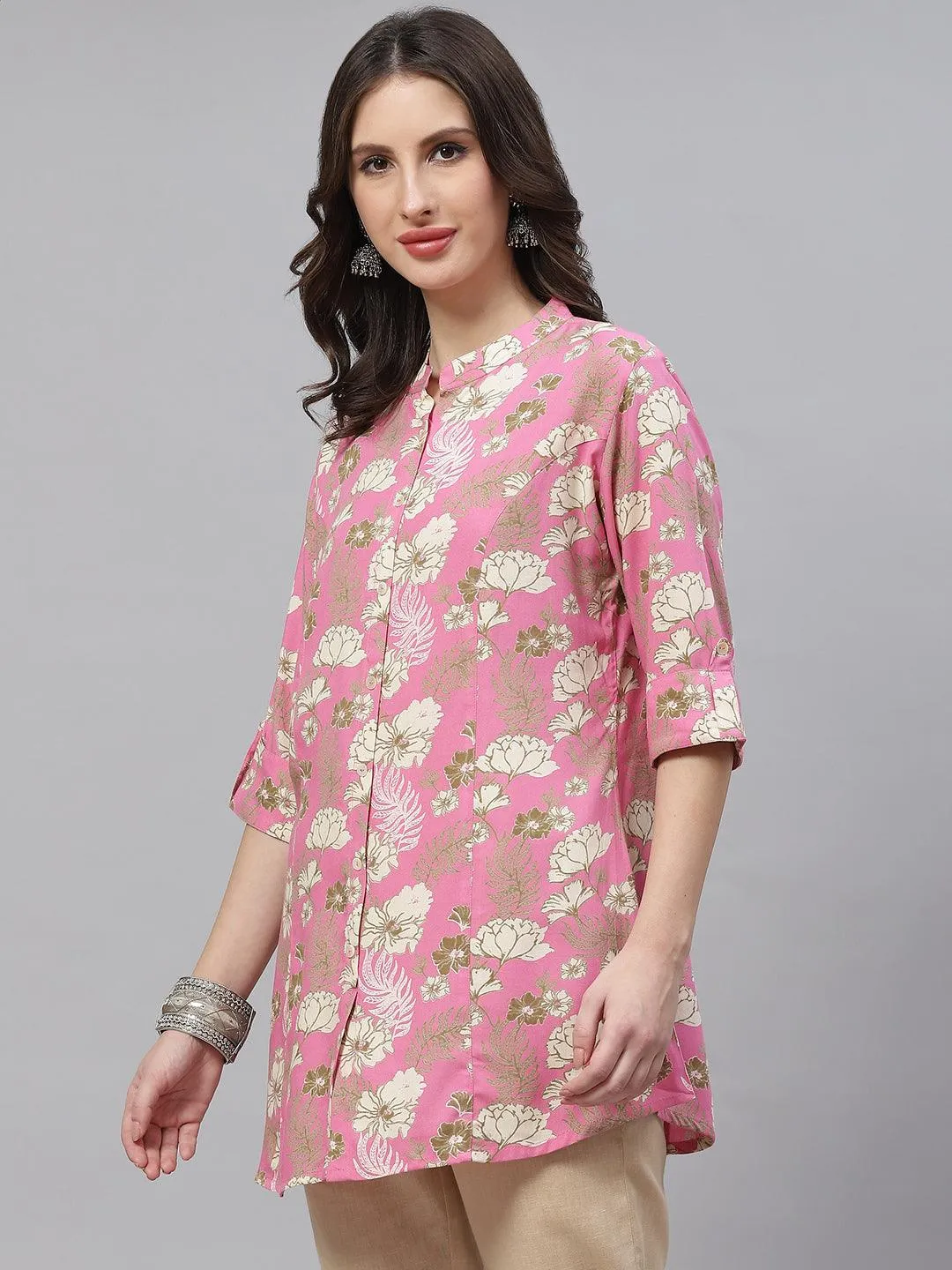 Jashvi Light Pink Floral Rayon A-line Top