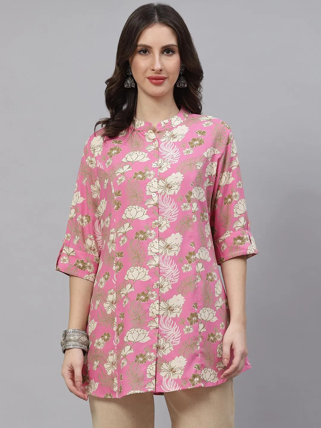 Jashvi Light Pink Floral Rayon A-line Top