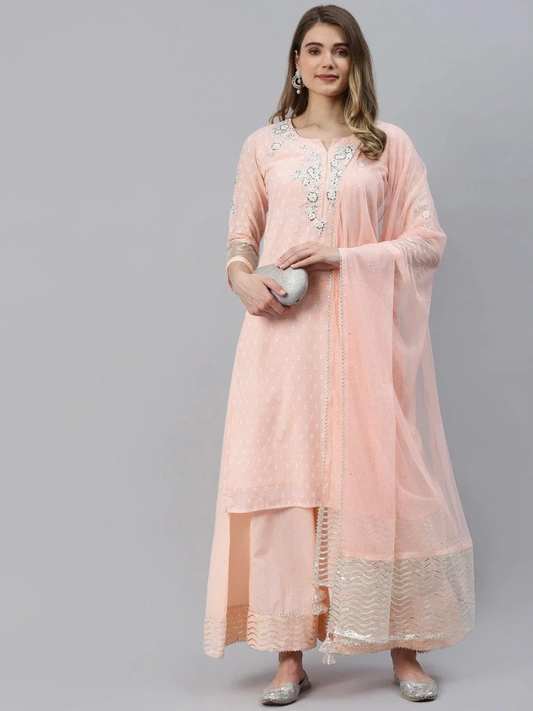 Jashvi Light Pink Kurta Palazzo Set with Net Dupatta