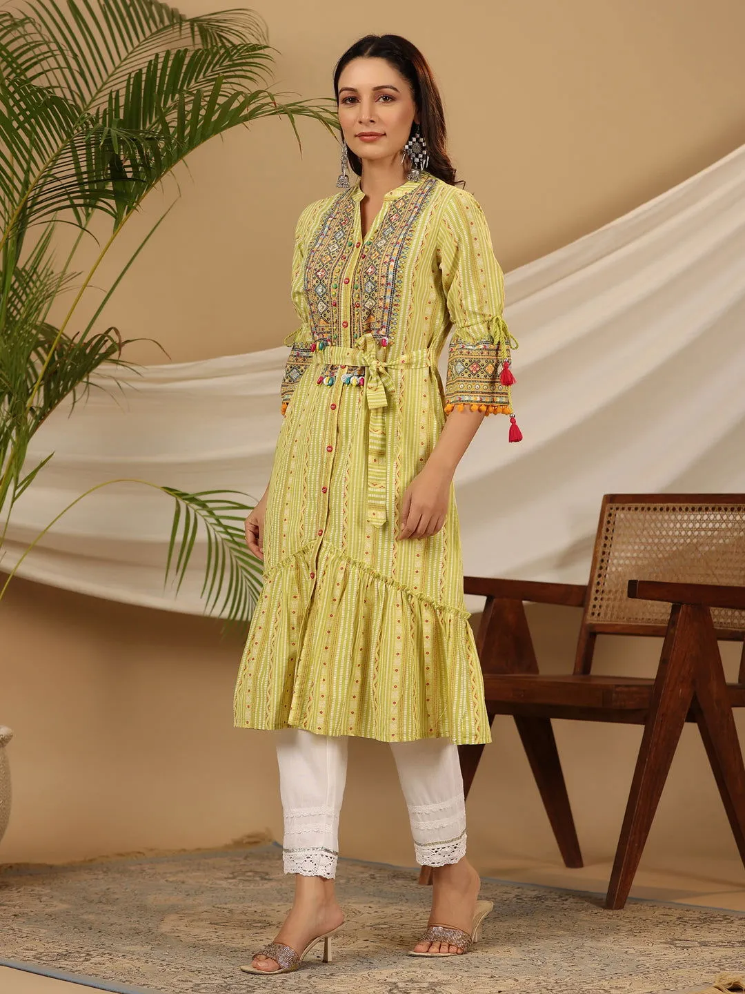 Jashvi  Lime Green Geometric Printed Pure Cotton Kurta With Beads Work